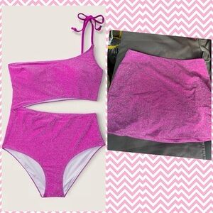 VS PINK swimsuit & skirt set shimmer one shoulder cutout swimsuit sz M/skirt S